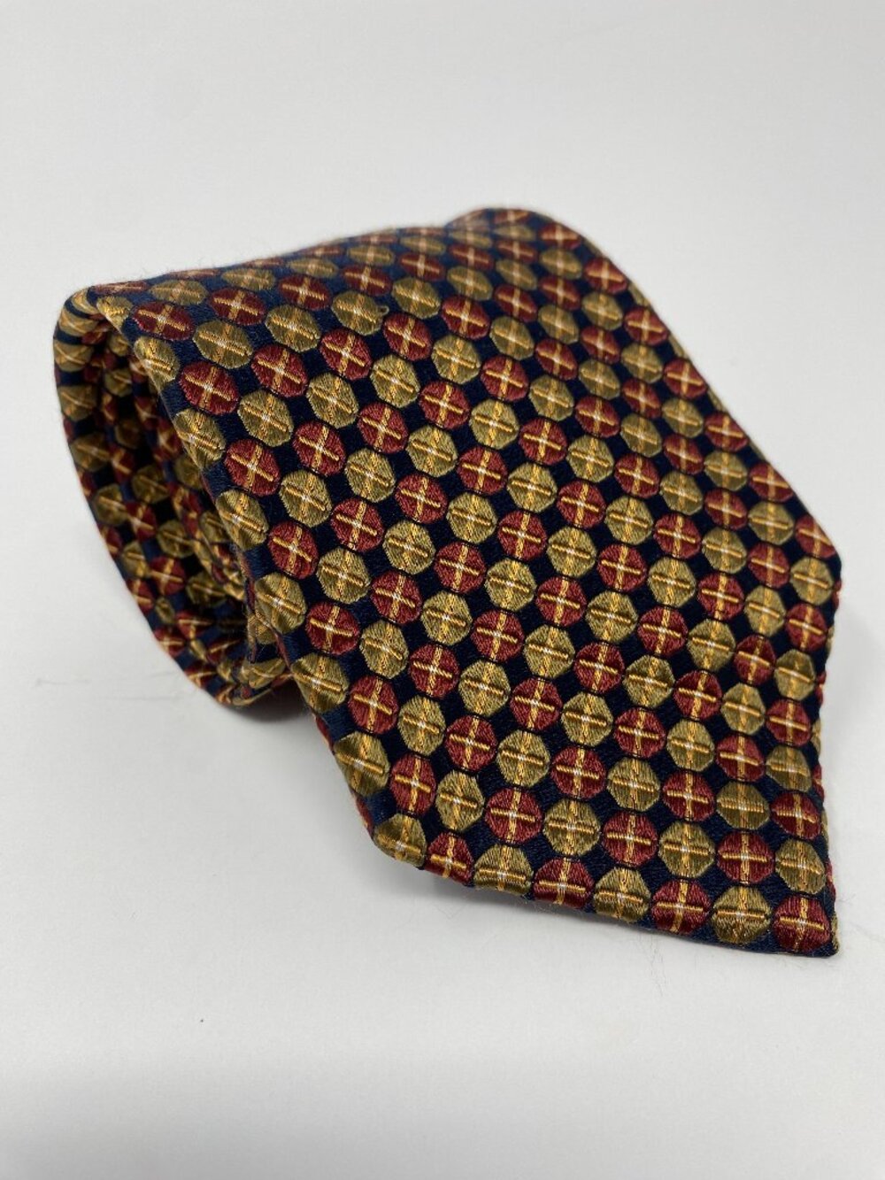 XMI Platinum Tie Black Gold Red Geometric Jacquard Necktie Silk USA John Farley